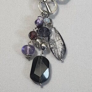 Silver Tone Chain Necklace‎ with Purple Gray Beads and Dangle Charm Pendant